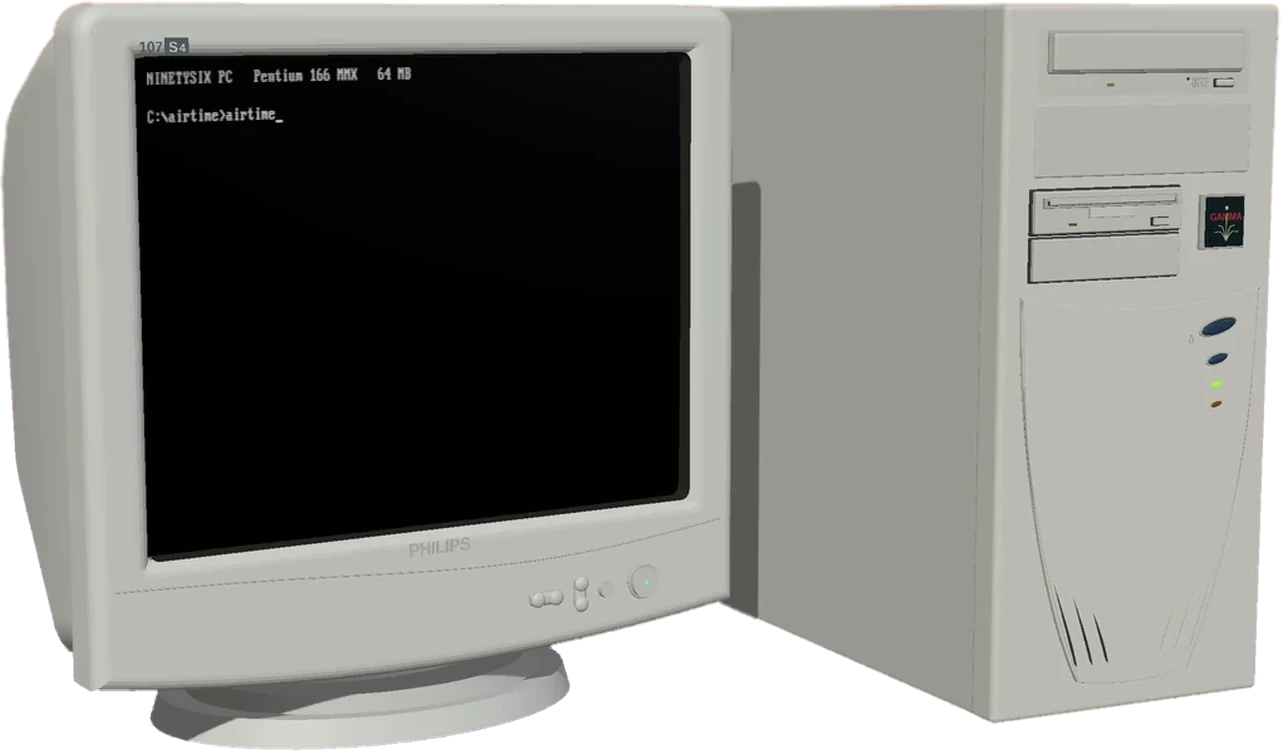 The NINETYSIX PC: a beige Gamma tower and a Philips monitor at the C:\airtime> prompt